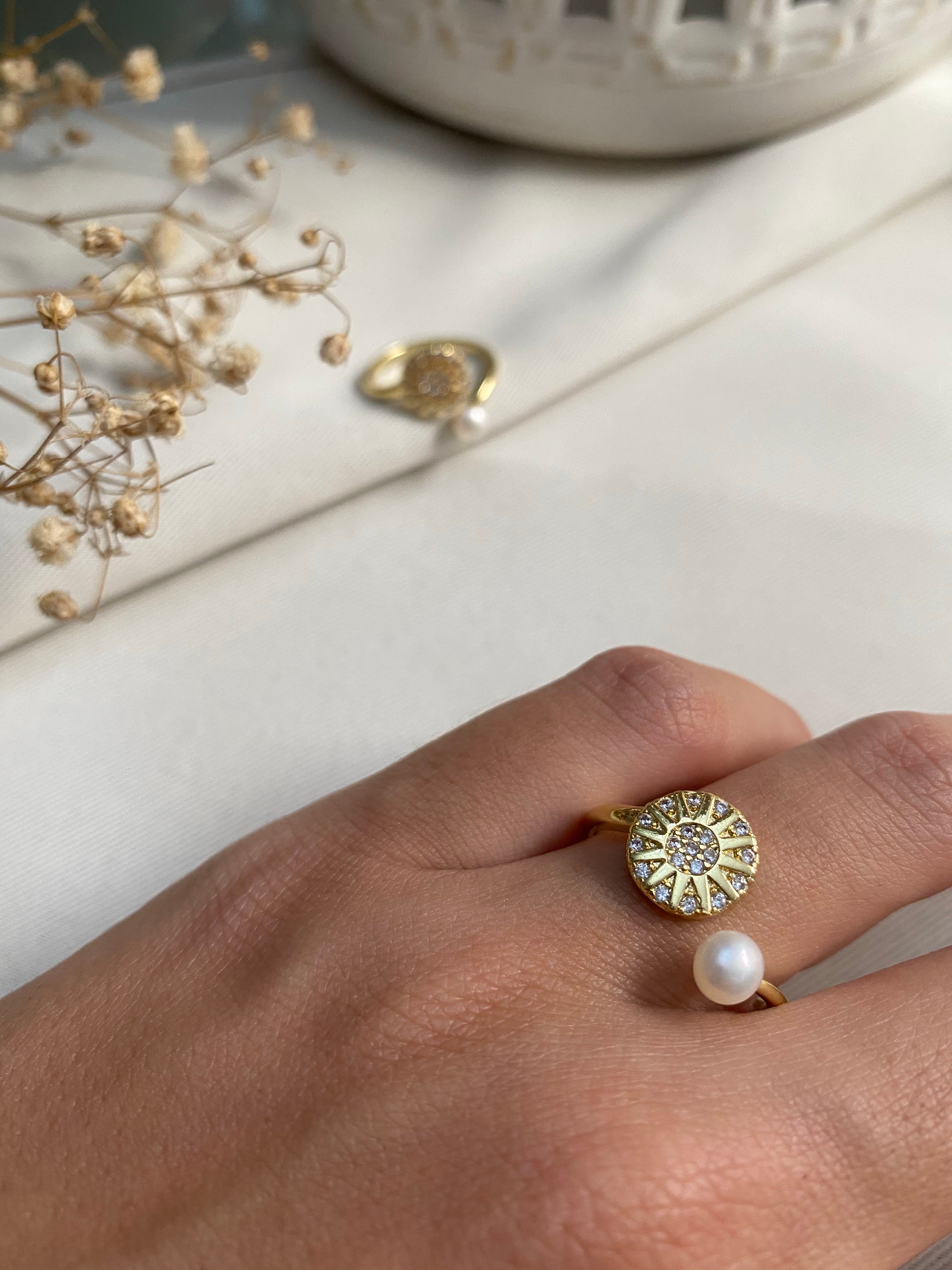 Sun & Pearl Gold Adjustable Ring